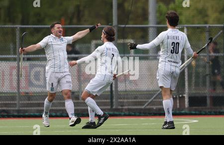 Waterloo, Belgio. 21 aprile 2024. Ben Walker di Braxgata festeggia dopo aver segnato durante una partita di hockey tra Waterloo Ducks e Braxgata, domenica 21 aprile 2024 a Waterloo, il giorno 21 della stagione belga di hockey maschile 2023-2024. BELGA PHOTO VIRGINIE LEFOUR credito: Belga News Agency/Alamy Live News Foto Stock