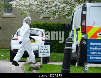 Polizia sulla scena di Fairfield Hall a Fairfield Park dopo che la polizia ha iniziato un'indagine per omicidio più di cinque mesi dopo la scomparsa della 74enne Annette Smith. La signora Smith del Bedfordshire, di West Wing, Fairfield Park, vicino a Stotfold, è stata vista l'ultima volta indossare un cardigan a righe bianco e nero e scarpe slip-on in pelle rossa, ha detto la forza. Data foto: Domenica 21 aprile 2024. Foto Stock