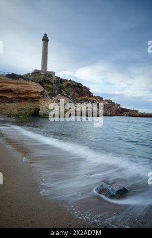 Lunga esposizione sul mare del faro e della spiaggia di Cabo de Palos, Cartagena, regione di Murcia, Spagna, con le onde che si lavano sulla sabbia. Foto Stock