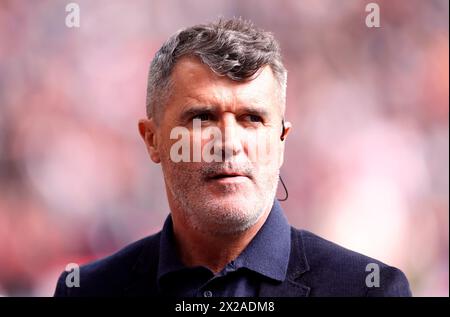 Roy Keane lavora per ITV Sport durante la semifinale della Emirates fa Cup allo stadio di Wembley, Londra. Data foto: Domenica 21 aprile 2024. Foto Stock