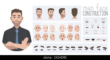 Creazione di avatar per uomini d'affari adatti all'animazione. Generatore, costruttore di viste diverse di occhi, labbra, espressioni emotive animazione della bocca e li Illustrazione Vettoriale