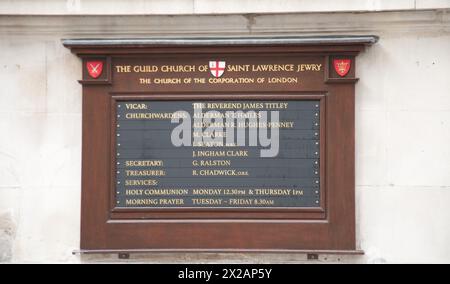 Bacheca, St Lawrence Jewry Church, City of London, London, UK. St Lawrence Jewry, accanto alla Guildhall, c'è una chiesa di corporazione della Chiesa d'Inghilterra, Foto Stock