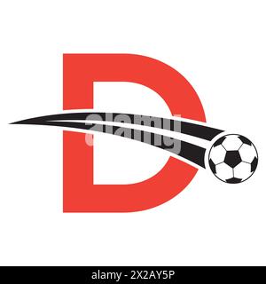 Logo football sulla lettera D con simbolo calcio in movimento. Insegna calcio Illustrazione Vettoriale