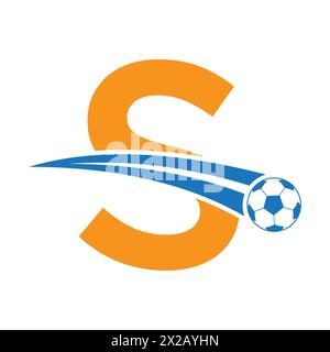 Logo calcio sulla lettera S con simbolo calcio in movimento. Insegna calcio Illustrazione Vettoriale