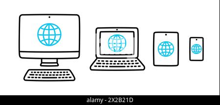 Set di dispositivi elettronici (smartphone, tablet, laptop e computer desktop) con il simbolo di Internet. Icone disegnate a mano, simpatico illustratore vettoriale dei cartoni animati Illustrazione Vettoriale