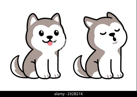 Simpatico cucciolo di husky cartoni animati seduto e urlante. Adorabile disegno di piccoli cani, illustrazione vettoriale isolata. Illustrazione Vettoriale