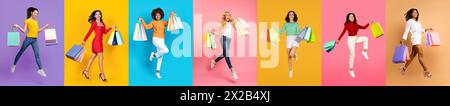 Le donne che giocano a Shopping Spree Jumping su sfondo colorato Foto Stock