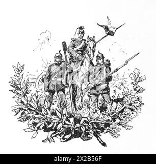 Disegno di tre uomini in abito militare con armi e uniformi storiche, un cavaliere a cavallo, circondato da una corona con foglie di quercia, raffigurato nella Foto Stock