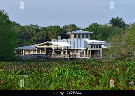 Passeggiata sul lungomare e centro visitatori presso il Green Cay Nature Center e le paludi di Boynton Beach, Florida all'alba. Foto Stock