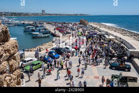 Vista generale dello spettacolo del porto del Paphos Classic Vehicle Club, Paphos, Cipro Foto Stock