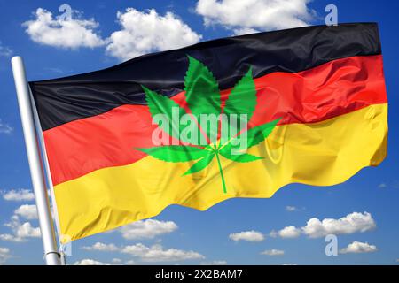 FOTOMONTAGE, Deutschlandfahne mit Cannabis-Blatt, Cannabis-Gesetz und Teillegalisierung von Cannabis in Deutschland *** FOTOMONTAGE, bandiera tedesca con foglie di cannabis, legge sulla cannabis e parziale legalizzazione della cannabis in Germania Foto Stock