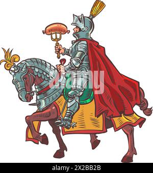 Un cavaliere armato su un cavallo corazzato tiene una salsiccia su una forchetta. Menu di carne in taverna, pub o bar. Spuntini medievali ai festival. Su un backgroun bianco Illustrazione Vettoriale