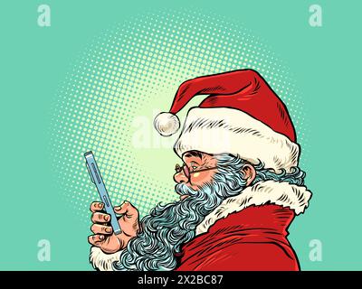 Babbo Natale sta usando il telefono. Offerte stagionali e promozioni di Capodanno. Consegna di regali in tutto il mondo durante il Natale. Cartoon pop ar comico Illustrazione Vettoriale