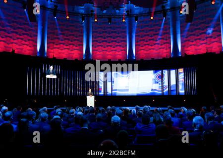 Hannover, Germania. 21 aprile 2024. Il Cancelliere federale Olaf Scholz (SPD) parla alla cerimonia di apertura della Fiera di Hannover nel centro congressi di Hannover (HCC). Credito: Michael Matthey/dpa/Alamy Live News Foto Stock