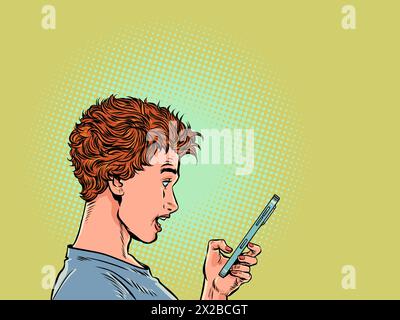 La donna guarda il suo telefono con sorpresa. Le notifiche improvvise spaventano gli utenti. Notizie in uno smartphone. Fumetto cartoon pop art retro Vector Illustrat Illustrazione Vettoriale