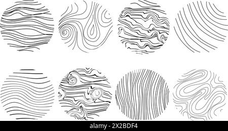 Schema di taglio ad albero.concetto di mappa topografica vettoriale.sfondo di anelli di crescita astratti di un albero.progettazione della linea di un ceppo di legno. Illustrazione Vettoriale