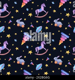 Giochi in legno per bambini con motivo senza cuciture ad acquerello. Graziosa illustrazione con cavallo da passeggio, piramide, coniglio, top rotante e stelle dorate. Foto Stock