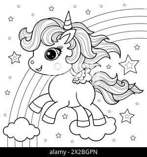 Un piccolo simpatico unicorno che salta sulle nuvole. Illustrazione vettoriale in bianco e nero. Tema magico. Per la progettazione per bambini di libri da colorare, stampe, poster, Illustrazione Vettoriale