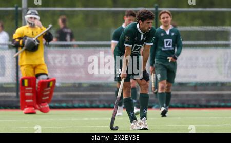 Waterloo, Belgio. 21 aprile 2024. Eliot Curty di Watduck sembra sgretolato durante una partita di hockey tra Waterloo Ducks e Braxgata, domenica 21 aprile 2024 a Waterloo, il giorno 21 della stagione belga di hockey maschile 2023-2024. BELGA PHOTO VIRGINIE LEFOUR credito: Belga News Agency/Alamy Live News Foto Stock