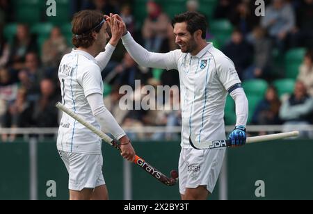 Waterloo, Belgio. 21 aprile 2024. Loick Luypaert di Braxgata celebra dopo aver vinto una partita di hockey tra Waterloo Ducks e Braxgata, domenica 21 aprile 2024 a Waterloo, il giorno 21 della stagione belga di hockey maschile 2023-2024. BELGA PHOTO VIRGINIE LEFOUR credito: Belga News Agency/Alamy Live News Foto Stock