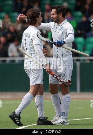 Waterloo, Belgio. 21 aprile 2024. Loick Luypaert di Braxgata celebra dopo aver vinto una partita di hockey tra Waterloo Ducks e Braxgata, domenica 21 aprile 2024 a Waterloo, il giorno 21 della stagione belga di hockey maschile 2023-2024. BELGA PHOTO VIRGINIE LEFOUR credito: Belga News Agency/Alamy Live News Foto Stock