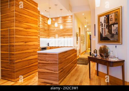 Armadi Gumwood e isola con ripiano in puro quarzo bianco in cucina con pavimenti in legno di acero e ciliegio all'interno di un lussuoso condominio rinnovato. Foto Stock