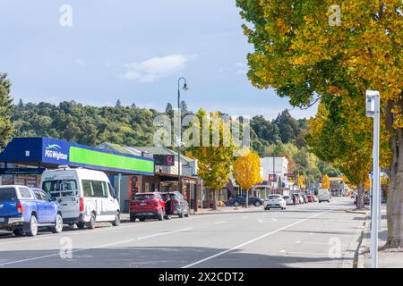 Centro città in autunno, Talbot Street, Geraldine, Canterbury Region, South Island, nuova Zelanda Foto Stock