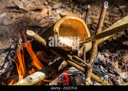 Zuppa preparata in bambù in una foresta vicino alla città di Luang Namtha, Laos Foto Stock