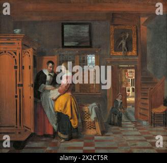 Pittura di interni con donne accanto a un Cupboard di lino, del pittore olandese Pieter de Hooch, capolavoro d'arte 1663 quadro storico classico Foto Stock