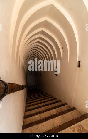 Rustaq, Oman - 14 febbraio 2023: Vista interna del famoso castello e forte di al Hazm che risale al 1708 nella penisola araba. Foto Stock