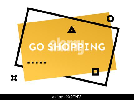 Vai a fare shopping con il banner geometrico alla moda di colore giallo. Moderna forma sfumata con testo promozionale. Illustrazione vettoriale. Illustrazione Vettoriale