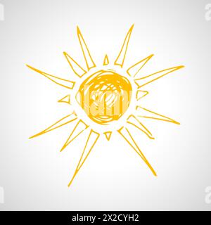 Sole disegnato a mano. Semplice schizzo del sole. Simbolo solare. Doodle giallo isolato su sfondo bianco. Illustrazione vettoriale. Illustrazione Vettoriale