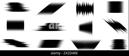 Set di elementi glitch mezzitoni. Collezione di forme geometriche tratteggiate. Grunge le forme astratte dei mezzitoni per sfondo, banner, poster, collage, sovrapposizione, etichetta, etichetta. Pacchetto vettoriale distorto in distress Illustrazione Vettoriale