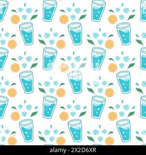 World Water Day, motivo senza cuciture. Bere più acqua schema concettuale. Acqua nel bicchiere con cubetti di ghiaccio e arancio, menta. Concetto zero rifiuti. Illustrazione vettoriale. Illustrazione Vettoriale