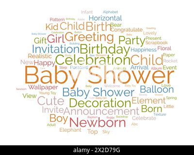 Modello nuvola parola doccia bambino. Sfondo vettoriale del concetto di celebrazione del compleanno. Illustrazione Vettoriale