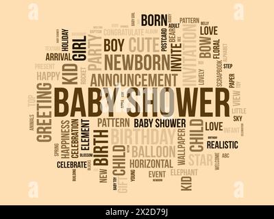 Modello nuvola parola doccia bambino. Sfondo vettoriale del concetto di celebrazione del compleanno. Illustrazione Vettoriale