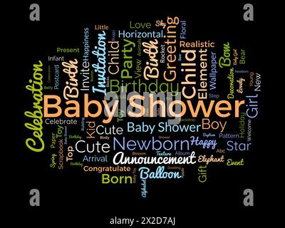 Modello nuvola parola doccia bambino. Sfondo vettoriale del concetto di celebrazione del compleanno. Illustrazione Vettoriale