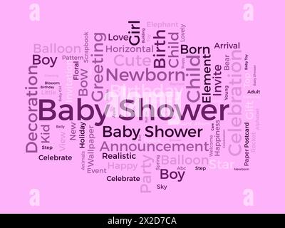 Modello nuvola parola doccia bambino. Sfondo vettoriale del concetto di celebrazione del compleanno. Illustrazione Vettoriale
