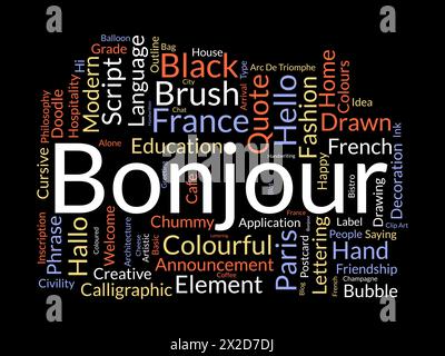 Modello cloud Word Bonjour. Sfondo vettoriale del messaggio di saluto. Illustrazione Vettoriale