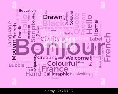 Modello cloud Word Bonjour. Sfondo vettoriale del messaggio di saluto. Illustrazione Vettoriale