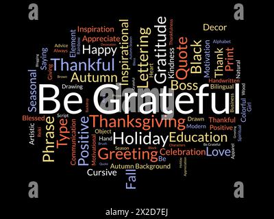 Siate grati per il modello di Word cloud. Sfondo vettoriale del concetto di gratitudine. Illustrazione Vettoriale