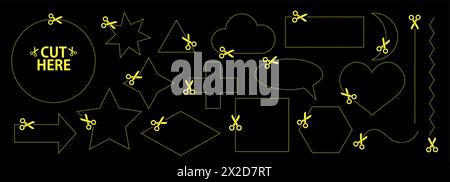 Set di forbici con linee di taglio. Collezione vettoriale di bolla vocale, rettangolo, forme geometriche a stella con tratti tratteggiati e forbici che tagliano il Illustrazione Vettoriale