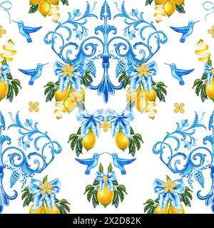Ornamento tradizionale italiano e rami di limoni con motivo ad acquerello senza cuciture. Stampa estiva siciliana con colibrì e archi. Stampa mediterranea Foto Stock