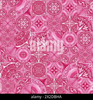 Design di piastrelle in ceramica nei toni rosa. Motivo siciliano senza cuciture. Sfondo ad acquerello in stile barocco. Decorazioni reali fatte a mano. Ita mediterranea Foto Stock