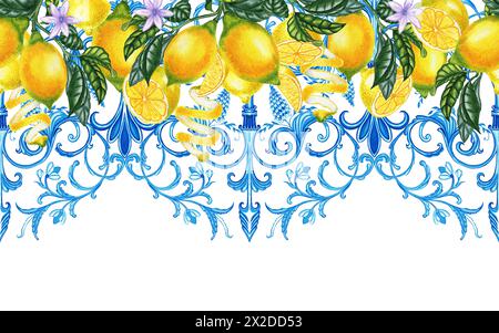 Limoni su un ramo e maiolica siciliana senza cuciture motivo orizzontale. Acquerello sfondo disegnato a mano in stile italiano estivo. Cartolina con azulejo Foto Stock