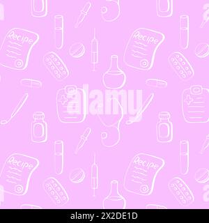 Modello rosa senza cuciture medico, elementi di doodle clinica. Icone ospedale termometro controllo pillole diagnosi siringa capsule medicina stetoscopio. Vettore Illustrazione Vettoriale