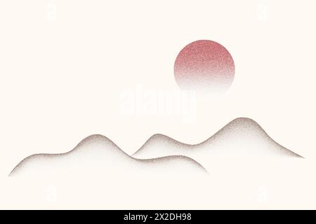 Montagne punteggiate e sgranate e sole. Effetto vettoriale irrigidimento con trama polvere. Eclissi solare nel deserto. Paesaggio notturno con luna. Dissolvenza della grunge Illustrazione Vettoriale