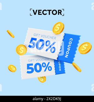 coppia 3d di buoni promozionali con codice coupon e monete d'oro. Omaggio speciale con buoni o voucher, percentuale di sconto. Buono regalo e modello di simbolo del dollaro di moneta d'oro. illustrazione vettoriale 3d. Illustrazione vettoriale Illustrazione Vettoriale