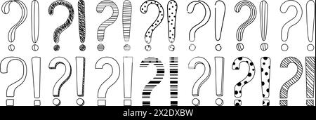 Set di illustrazioni vettoriali disegnate a mano con domande e punti esclamativi. Illustrazione Vettoriale