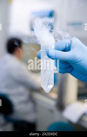 Ghiaccio secco per congelamento dei campioni, sala di coltura, laboratorio biofarmaceutico, sviluppo di nuove molecole terapeutiche a base di anticorpi umani per il trattamento Foto Stock